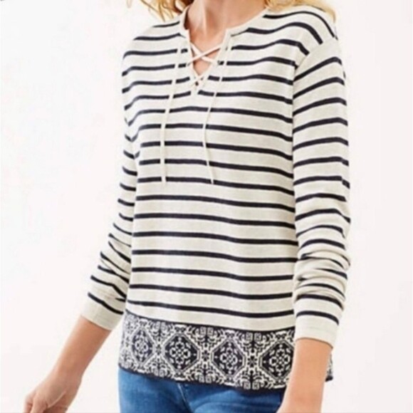 J. Jill Navy and white striped lace up sweater Size S - Picture 1 of 6
